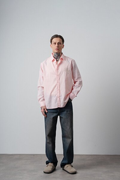 Respire Muška majica Res Vezena dugih rukava Lan Oversize kroj roze