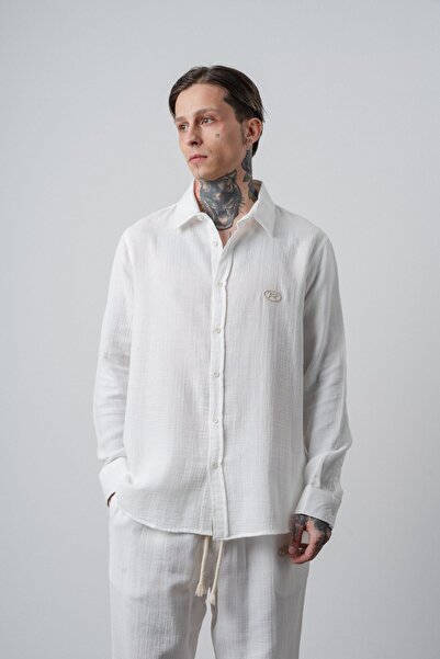 Respire Muška R Vezena košulja sa dugim rukavima od muslina Oversize kroj u b...