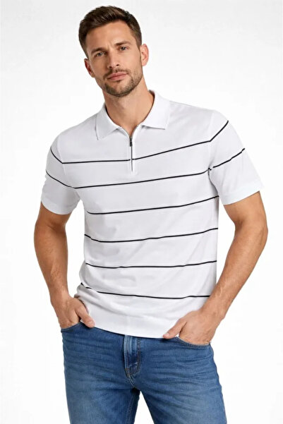 civetta Men's T-Shirt Striped Knitwear Woven Fabric Polo Collar Half Zipper R...