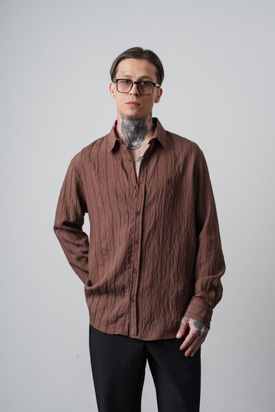 Respire Men's Embroidered Long Sleeve Oversized Shirt Brown