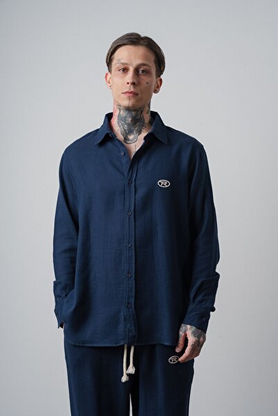 Respire Muška R Vezena majica dugih rukava od muslina Oversize kroj tamnoplava