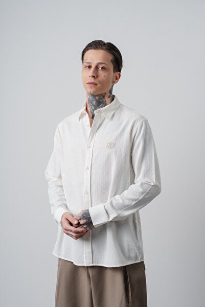 Respire Men's Star Embroidered Long Sleeve Oversized Shirt Ecru