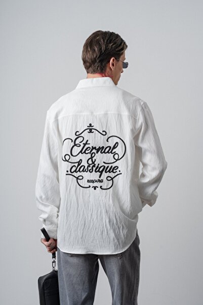Respire Men's Eternal Embroidered Long Sleeve Shirt Linen Oversized Ecru