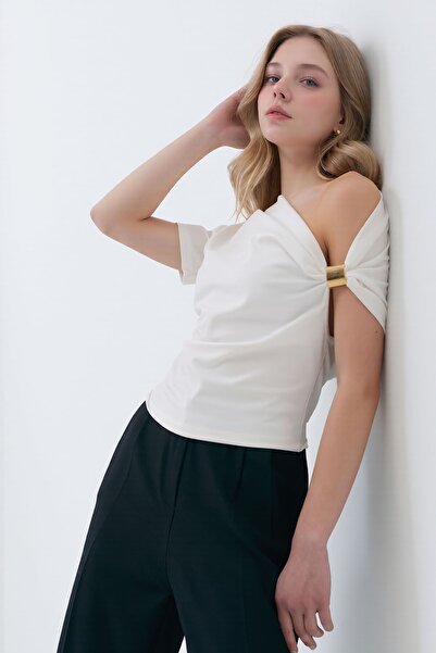 bacc Ecru Asymmetric Collar Draped Sandy Blouse with Shoulder Accessories Bch...