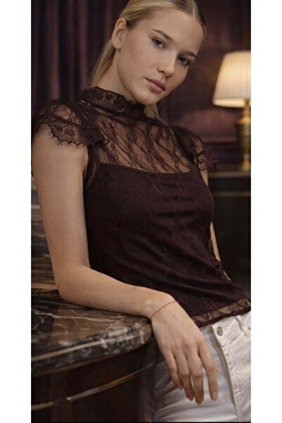 ibeeka Mürdüm Lace Sheer Blouse – Elegant Collar Premium Design - Bitter Brow...