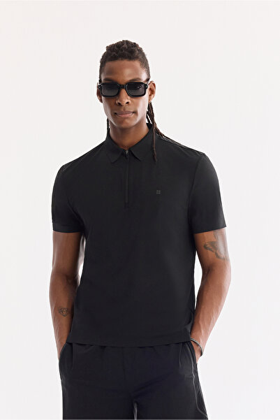 Avva Men's Black Zippered Polo Collar Quick-Drying Wrinkle-Free Regular Fit T...