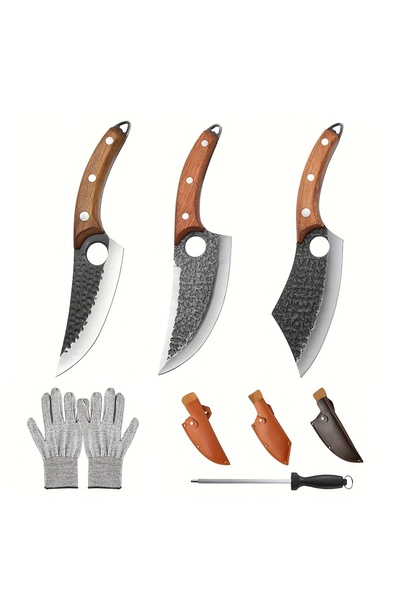 Generic 5-Piece Forged Kitchen Knife Set, Non-Slip Wooden Handle, Leather She...