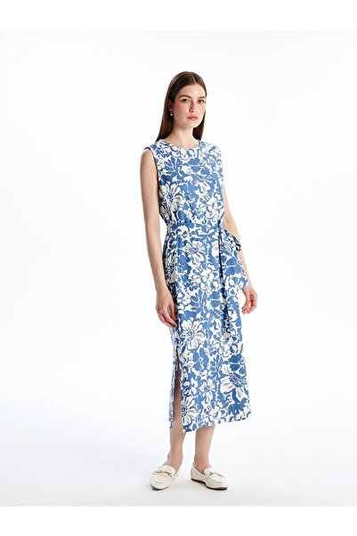 LC Waikiki Lcwaikiki Classic Blue Crew Neck Floral Linen Blend Dress