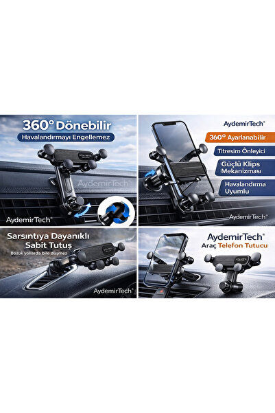 AydemirTech 360° Döner Araç Telefon Tutucu Titreşim Önleyici Klipsli