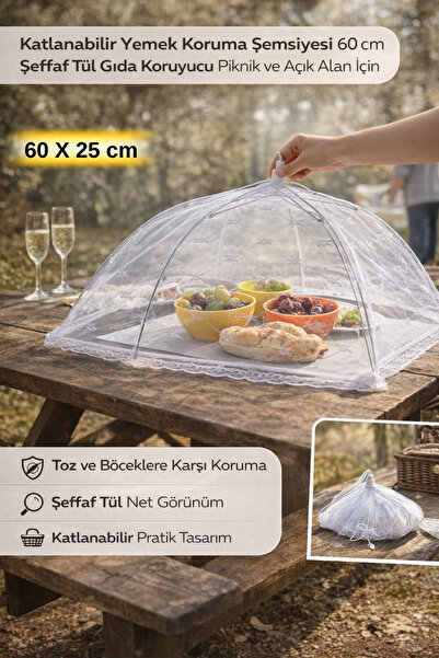 Hane Dostu Katlanabilir Yemek Koruma Şemsiyesi 60 cm Şeffaf Tül Gıda Koruyucu...
