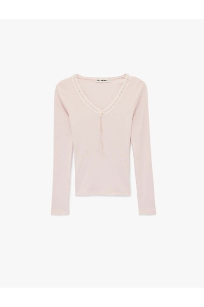 Koton Δαντέλα Λεπτομερές ροζ γυναικείο μπλουζάκι με φιόγκο 6SAL10327IK