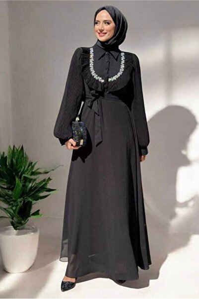 TRENDTESETTÜR KADIN SİYAH KUŞAKLI KREP ŞİFON ELBİSE T 9493
