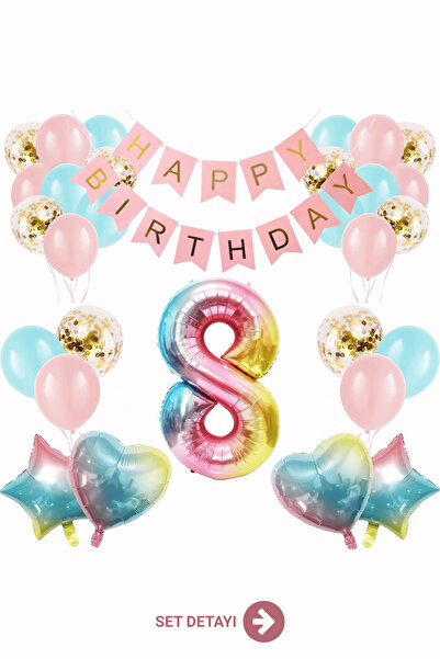 Bunloon 8 Yaş Doğum Günü Balon Seti Happy Birthday Parti Süsleri