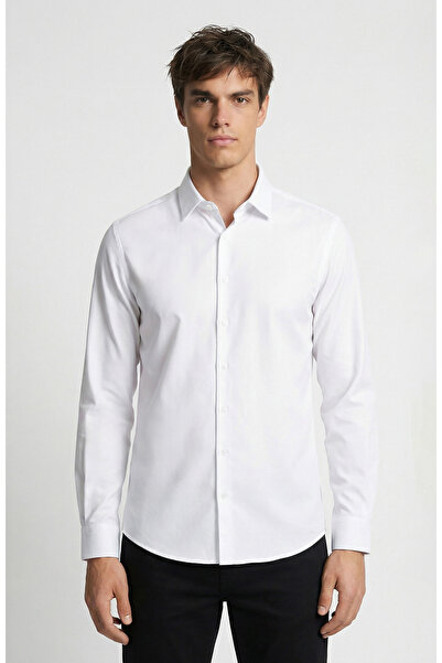 Network Slim Fit Beyaz Lycralı Cotton Petek Desen Gömlek