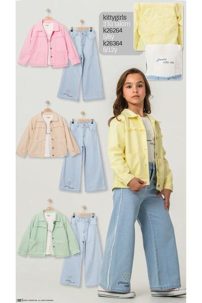 Melodikids Girls' Yellow Pants and Jacket 3-Piece Set with Flover Embroidery