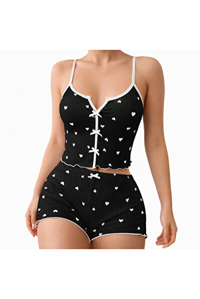 LUVENİSA White Heart Women's Suspender Shorts&Nightgown