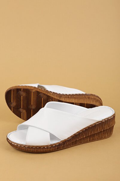 Gondol Genuine Leather Wedge Heel Pieces Daily Cross Band Slipper Rh.043 White