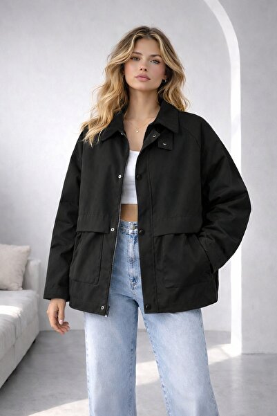 EA LİNE Siyah Regular Fit Kadife Yaka ve Çıtçıt Detaylı Unisex Mevsimlik Mont...