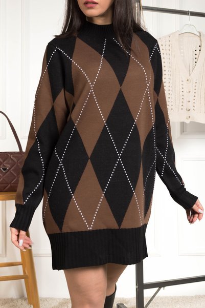 AlvaLuna Hakim Yaka Pyramid Pattern Casual Women's Sweater-Tunic