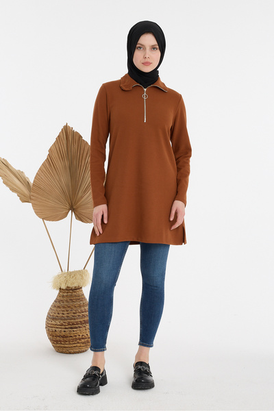 aymiramoda تونيك بنصف سحاب أمامي بلون القرفة - تونيك كاجوال بأكمام طويلة وقصة...