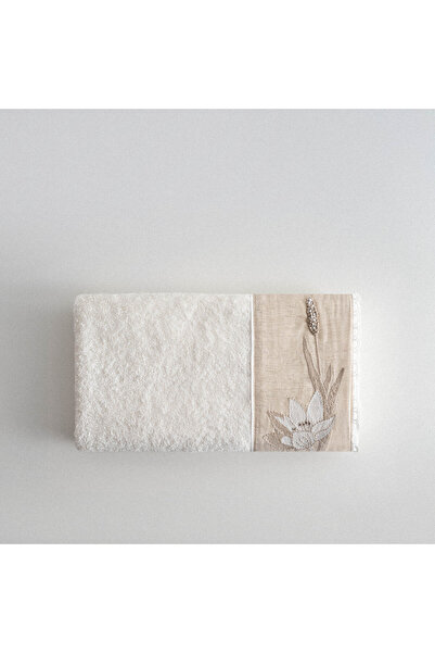 Ecocotton Mihra Hand Face Towel 100% Organic Cotton Linen Border Embroidered Cream 50X90 cm