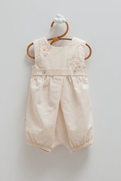 Caramell Baby Girl Romper with Elegant Floral Embroidery, 70% Cotton, 30% Linen