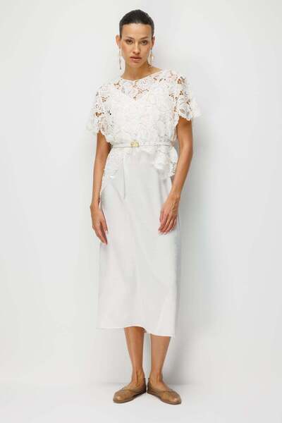 Ekol Boncuklu Dantel İşlemeli Kemerli Maxi Elbise