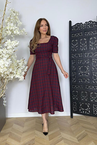 gesmoda G1750 Kare Yaka Kloş Elbise Bordo