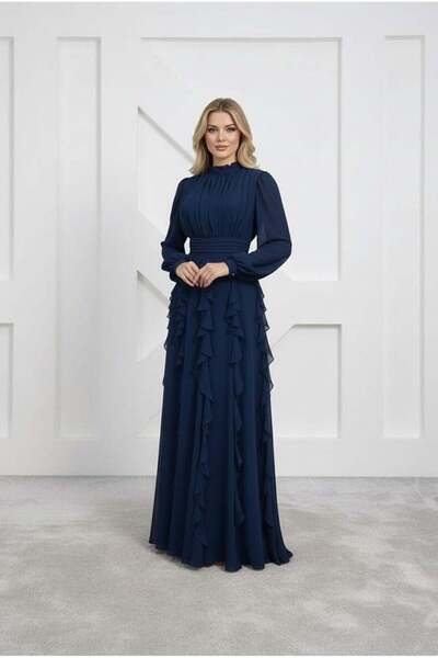 hakimoda İdal Chiffon Evening Dress Navy Blue