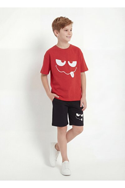 FYK KİDS Στρογγυλή λαιμόκοψη, καλοκαιρινό χαριτωμένο σετ με στάμπα Emoji και ...