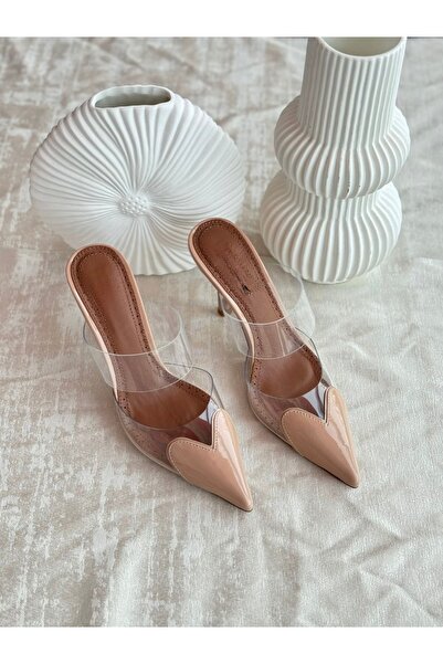 MYVOLANTE Tocuri transparente cu detaliu inimă din piele lacuită bej papuci