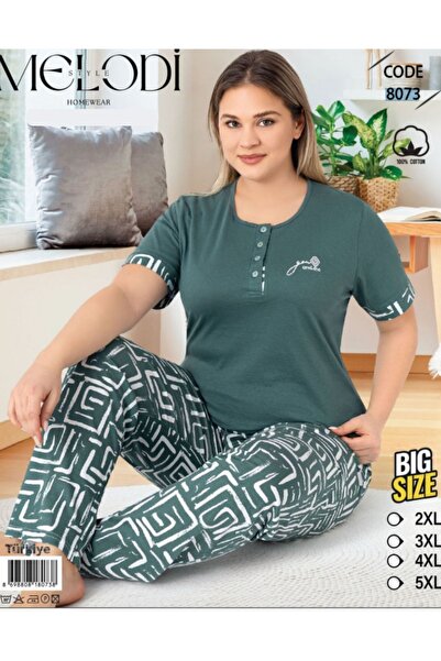 melodi 100% Cotton Piece Battal Large Size Short Sleeve Women's Pajama Set