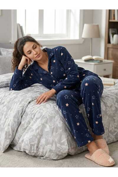 Pijamoni Yıldız Desenli Lacivert Kışlık Polar Pijama Takımı (%100 polyester)
