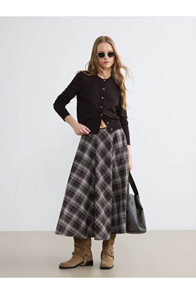 LC Waikiki Brown Belted Zippered Plaid Flared Skirt