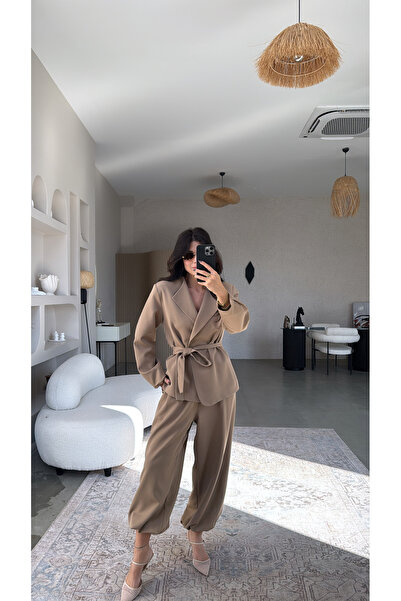 Buket Teke Mink Belted Jacket with Elastic Cuffs and Pants Classic Suit