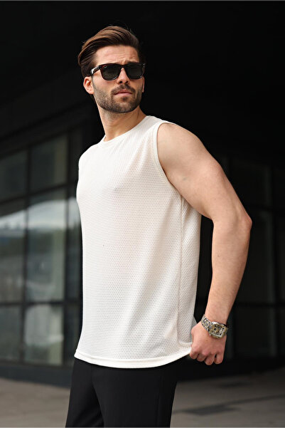 Madmext Ανδρικό αμάνικο μπλουζάκι Ecru Crew Neck Ζακάρ E7180