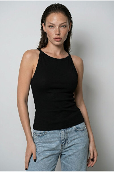 Madmext Black Piped Body-Hugging Corded Fabric Modern Cut Tank Top Mg2681
