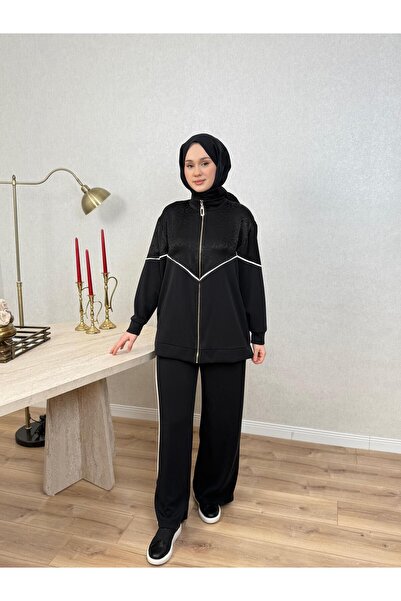 Nuss 1095 Jakar Detaylı Bambu Pantolonlu Takım Siyah