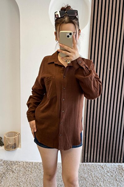 Tmptekstil Linen Fabric Pocket Detail Shirt - Brown Bitter Brown