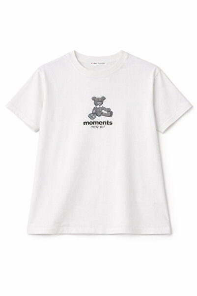 Mixray 2058 Дамска тениска с обло деколте, 100% памук, с принт на мече, бяла