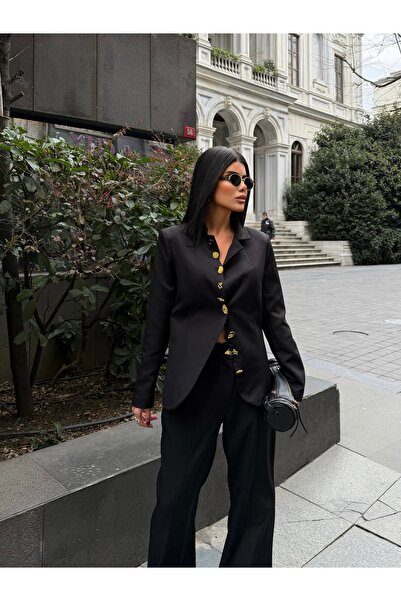 Bak'ap Premium Design Button Detailed Blazer Jacket - Wide-Leg Pants Double Suit