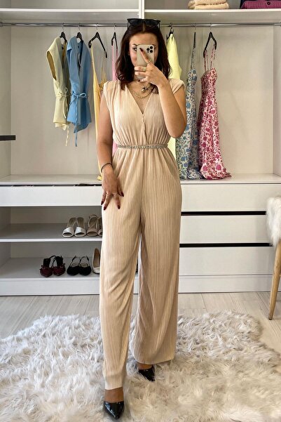 Tmptekstil Piliseli Omuz Vatkalı Tulum -Bej BEJ