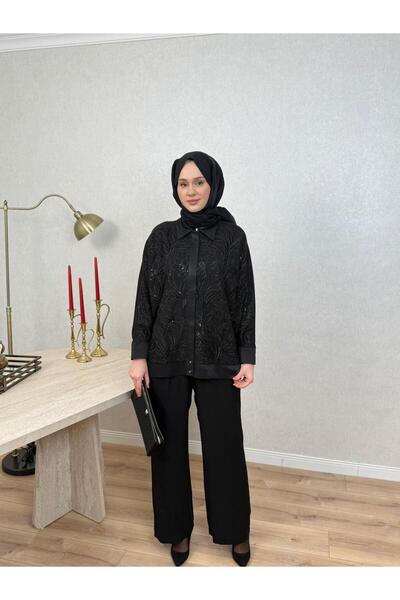 Tığ Triko 5087 Pul Nakış Kombinli Pantolonlu Takım Siyah