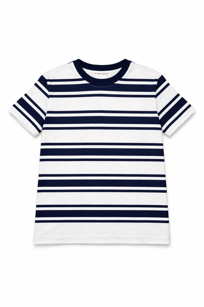 Mixray 2055 Дамска тениска с 100% памук, на райета и обло деколте, тъмносиня