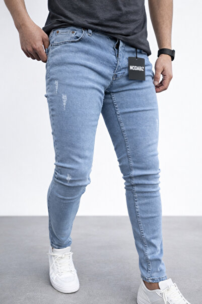 moda biz Men's Slim Fit Ice Blue Stretch Fabric Jean Trousers Stretchy Denim