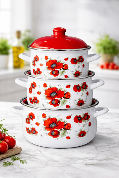 Arian Set 3 oale emailate cu capac Arian, model Flori de mac