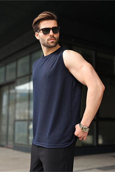 Madmext Navy Blue Crew Neck Jacquard Sleeveless Men's T-Shirt E7180