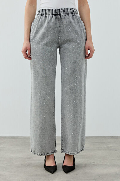 Merwishop Merwish Stoned Palazzo Denim Trousers 1693 Dark Gray