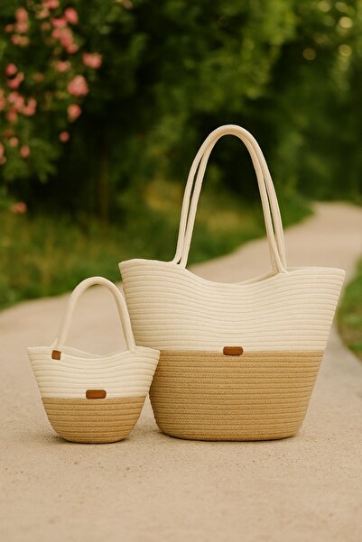 Mirabest Jute Rope Beige Mother Daughter Combination O Shoulder Bag Kol Ç Bag...