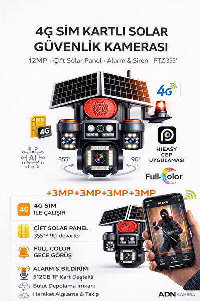 VİVA 4 Kameralı 4G Sim Kartlı Çift Solar Panelli Güvenlik KamerasıGece Görüşl...